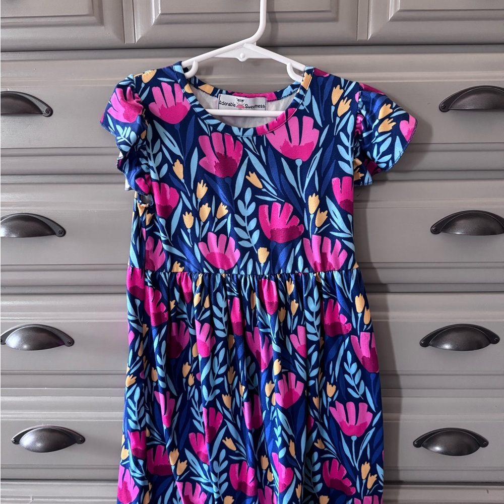 Adorable Sweetness Girls' Navy Floral Dress - Pink & Blue